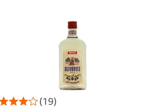 Flasche "WEIS SLIVOVITZ" mit Pflaumenmotiv. Der "Alter Pflaumenbrand" erzählt von seiner Herkunft.