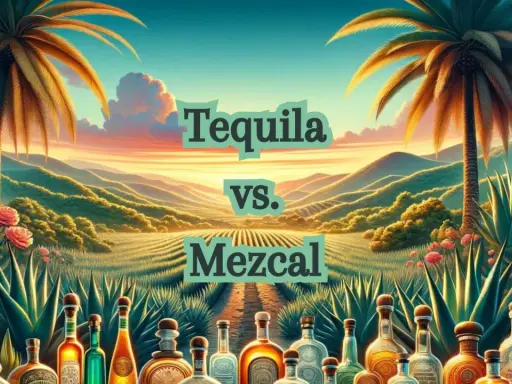 Sonnenuntergang in Mexiko: Palmen, Agavenfelder und Flaschen von Tequila vs. Mezcal.