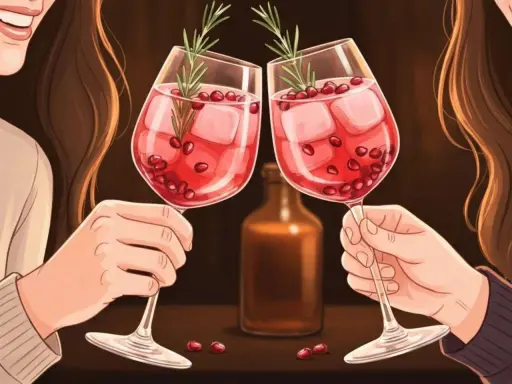 Zwei Hände stoßen mit Aperol Spritz an. Der Drink schmeckt erfrischend süß-bitter, mit Eiswürfeln und Granatapfelkernen.