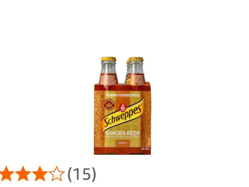 Vier Flaschen Schweppes Ginger Beer im orangefarbenen Karton. Ein erfrischendes, alkoholfreies Getränk mit Ingwergeschmack.