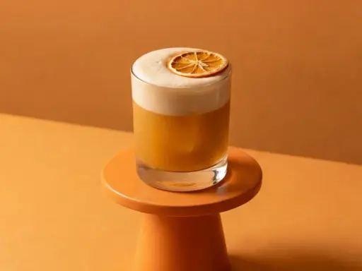 Ein cremiger Amaretto Sour mit einer getrockneten Orangenscheibe auf einem kleinen orangefarbenen Podest, vor einem warmen, orangenen Hintergrund.