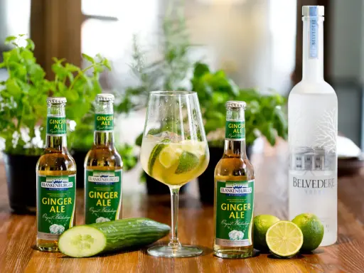 Erfrischender Ginger Beer mit Alkohol: Flaschen, ein Glas mit Limette und Eis, Gurke, Limetten und eine Flasche Belvedere Vodka.