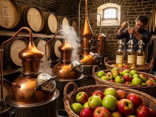 Mann füllt Flaschen mit Calvados ab, daneben Körbe voller Äpfel. So lernt man, wie trinkt man Calvados: direkt aus der Normandie.