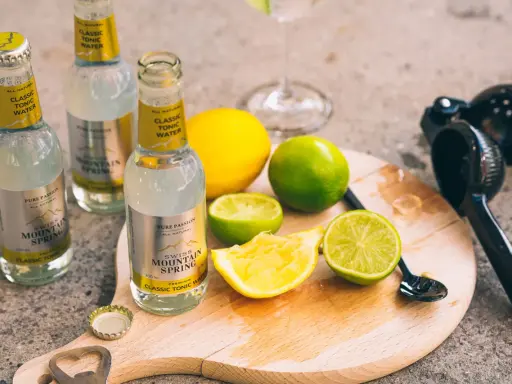 Flaschen mit "Classic Tonic Water", Zitronen- und Limettenspalten auf einem Holzbrett. Die Bedeutung von Gin & Tonic wird hier durch die Zutaten für einen perfekten Drink unterstrichen.
