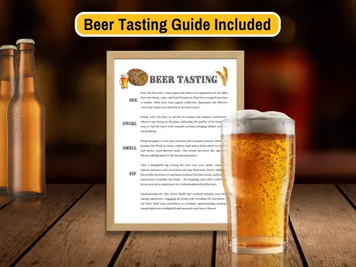 Bierverkostung: Gläserne Flaschen, ein Glas Bier und eine Anleitung. Entdecke den Gin-Beeren-Geschmack im Bier.