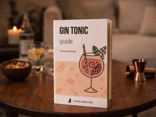 Ein Buch mit dem Titel "Gin Tonic Guide" liegt auf einem Holztisch. Daneben stehen Gläser mit Gin Tonic, eine Schale mit Nüssen und ein Jigger. Perfekt für den Aperitif!