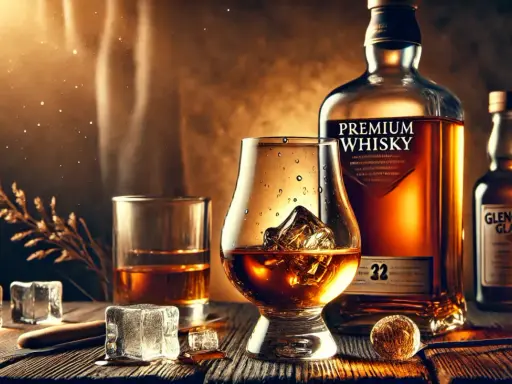 Ein Glas **whiskey neat** mit Eiswürfeln, daneben eine Flasche Premium Whisky und eine Kerze.