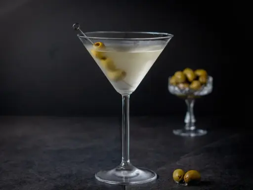Ein klassischer Martini, garniert mit Oliven, zeigt, wie serviert man Martini für einen eleganten Genuss.