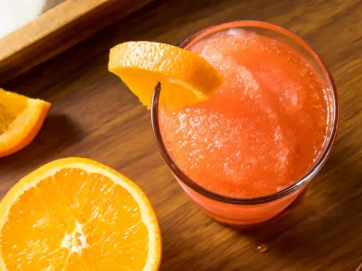 Gefrorene Aperol Spritz Varianten mit frischen Orangenscheiben auf Holztisch.
