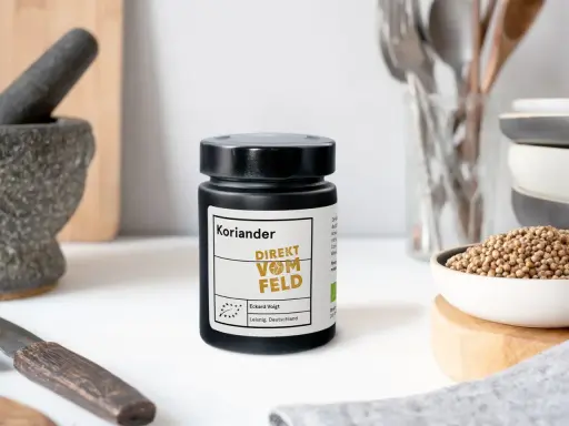 Ein Glas Koriandersamen steht bereit, um Gerichten Aroma zu verleihen. Perfekt zum Koriander samen essen!
