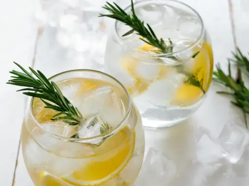 Zwei Gläser mit Eis, Zitrone und Rosmarin – ein guter Gin Tonic für heiße Tage.