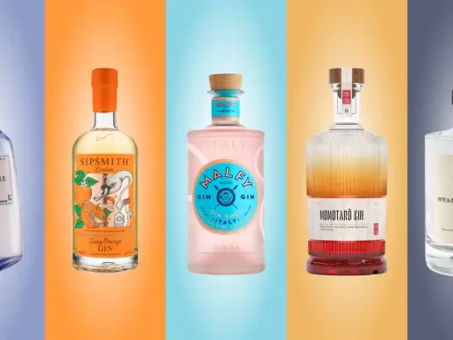 Fünf Flaschen Gin: Gin Mare, Sipsmith Zesty Orange, Malfy Gin Rosa, Momotaro Gin und Stauffenberg Dry Gin. Perfekt, um Gin mit Wasser zu mischen.