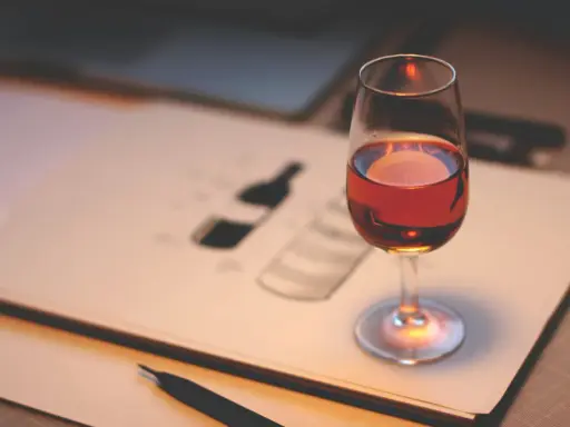 Ein Glas Portwein steht auf einem Skizzenbuch, das eine Flasche zeigt. Perfekt, um zu lernen, wie trinkt man Portwein.