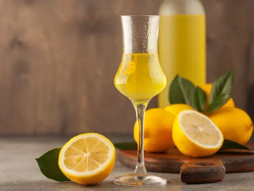 Ein Glas mit leuchtend gelbem Limoncello, daneben frische Zitronen und eine Flasche. So sieht Limoncello aus!
