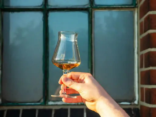 Hand hält ein Glas bernsteinfarbenen Whiskys vor einem Fenster. Der Alkoholgehalt variiert, aber oft liegt er bei 40 Prozent.