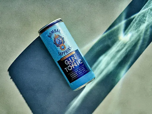 Eine eisgekühlte Dose Bombay Sapphire Gin Tonic, die im Sonnenlicht glänzt.