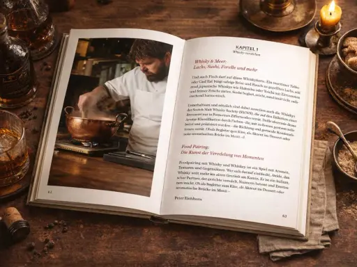 Ein Koch bereitet etwas in einem Kupfertopf zu, während ein Buch über die richtige trinktemperatur whisky daneben liegt.
