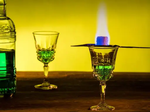 Grüner Absinth brennt in einem Glas, ein Zuckerwürfel karamellisiert. Die Zubereitung erinnert an die traditionelle Absinth Herkunft.