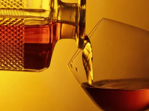 Bernsteinfarbener Armagnac fließt aus einer Karaffe in ein Glas. Was ist das? Ein edler Weinbrand aus Frankreich.