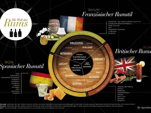 Die Welt des Rums: Infografik zeigt die Herstellung von Rum in drei Stilen: Spanisch, Französisch (aus Zuckerrohrsaft) und Britisch (aus Melasse).