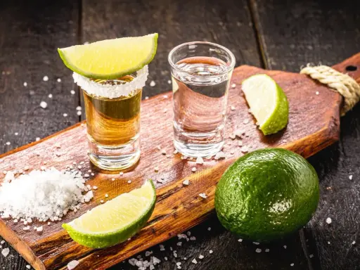 Zwei Gläser Tequila, eines mit Salzrand und Limettenspalte, daneben Salz und Limetten. Perfekt zum Tequila trinken.