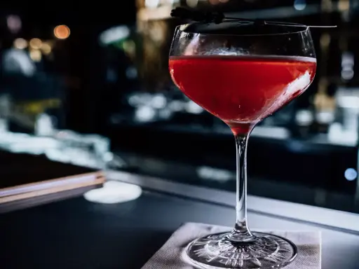 Ein roter Sloe Gin Tonic in einem eleganten Glas, garniert mit einer dunklen Zweigspitze, steht auf einem Tisch.