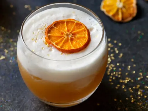 Ein cremiger Amaretto Cocktail mit einem getrockneten Orangenscheibchen und goldenem Glitzer.