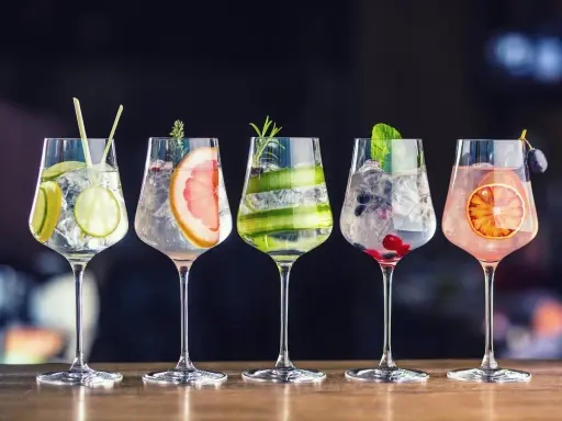 Fünf elegante Gläser mit erfrischenden Gin-Tonic-Kreationen, garniert mit Früchten und Kräutern. Entdecken Sie besondere Gin Sorten!