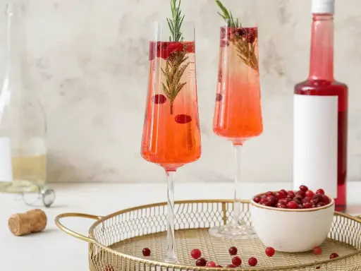 Zwei festliche Cocktails mit Cranberry und Rosmarin. Ein Glas mit dem süßen Likör Triple Sec wäre die perfekte Ergänzung.