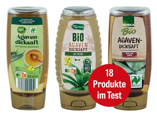 Drei Flaschen Agavendicksaft, eine natürliche Alternative zu honig, stehen nebeneinander. Ein roter Kreis verkündet "18 Produkte im Test".