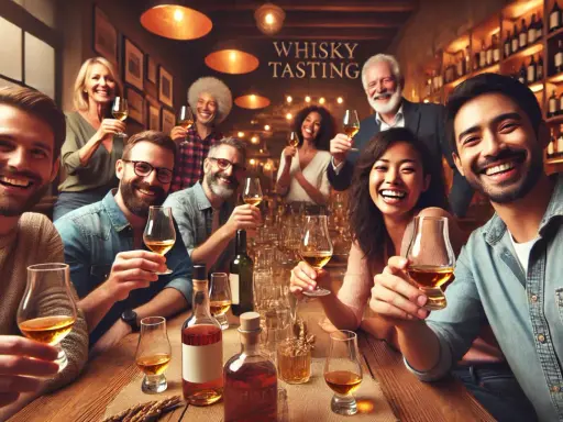 Fröhliche Gruppe bei einer Whisky-Verkostung. Sie stoßen mit Gläsern an, die bernsteinfarbenen Whisky enthalten. Ein mildes Aroma liegt in der Luft.