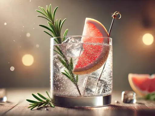 Erfrischender Gin Tonic mit Grapefruit und Rosmarin, serviert mit Eiswürfeln.