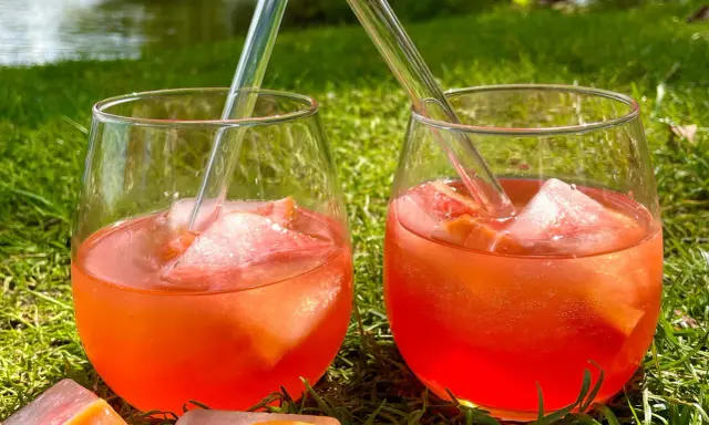 Zwei Gläser Aperol Tonic mit Eis und Orangenscheiben stehen im Gras.