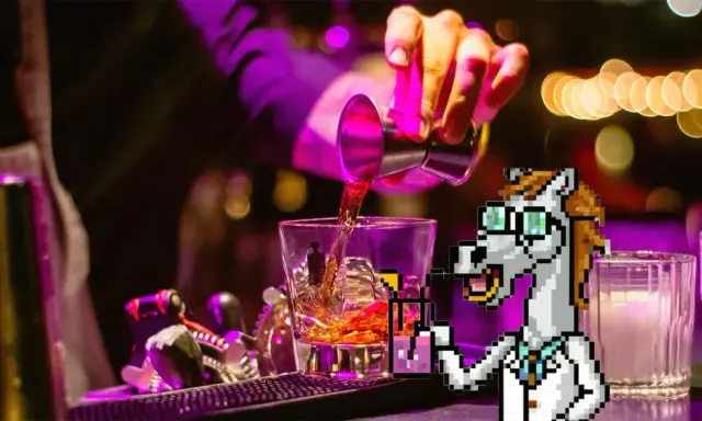 Pixel-Pferd mixt einen Drink, achtet auf das perfekte Gin Tonic Ratio.