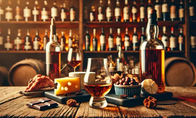 Ein Glas mit rauchigen Whiskys steht auf einem Holztisch, daneben Käse, Schokolade und Kirschen. Im Hintergrund Regale voller Flaschen.
