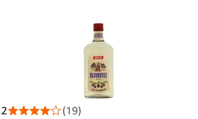 Flasche "WEIS SLIVOVITZ" mit Pflaumenmotiv. Der "Alter Pflaumenbrand" erzählt von seiner Herkunft.