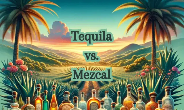 Sonnenuntergang in Mexiko: Palmen, Agavenfelder und Flaschen von Tequila vs. Mezcal.
