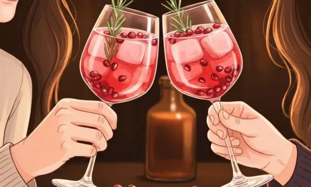 Zwei Hände stoßen mit Aperol Spritz an. Der Drink schmeckt erfrischend süß-bitter, mit Eiswürfeln und Granatapfelkernen.