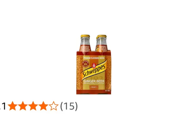 Vier Flaschen Schweppes Ginger Beer im orangefarbenen Karton. Ein erfrischendes, alkoholfreies Getränk mit Ingwergeschmack.