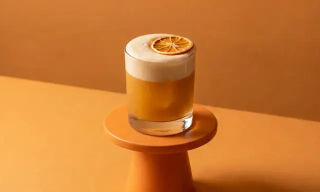 Ein cremiger Amaretto Sour mit einer getrockneten Orangenscheibe auf einem kleinen orangefarbenen Podest, vor einem warmen, orangenen Hintergrund.