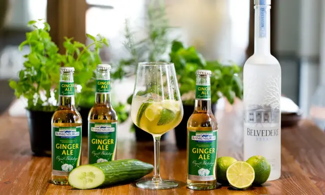 Erfrischender Ginger Beer mit Alkohol: Flaschen, ein Glas mit Limette und Eis, Gurke, Limetten und eine Flasche Belvedere Vodka.