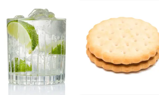 Erfrischender Gin Tonic mit Limette und Eis, daneben zwei Kekse. Denken Sie an die Gin Tonic Kalorien!