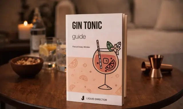 Ein Buch mit dem Titel "Gin Tonic Guide" liegt auf einem Holztisch. Daneben stehen Gläser mit Gin Tonic, eine Schale mit Nüssen und ein Jigger. Perfekt für den Aperitif!