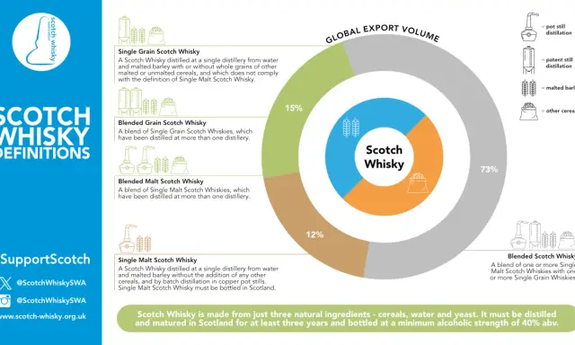 Infografik erklärt, was ist Scotch Whisky: Definitionen von Single Malt, Blended Malt, Single Grain und Blended Grain Scotch. Globale Exportvolumen-Aufschlüsselung.