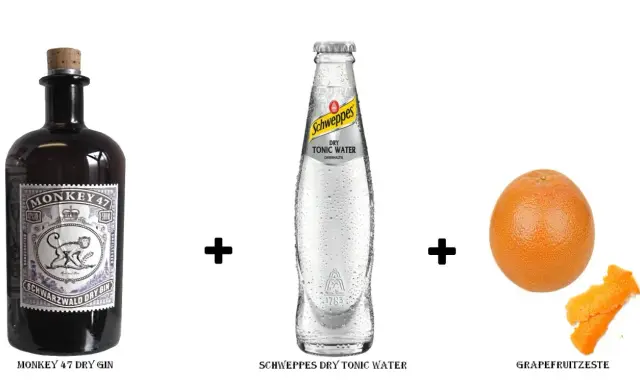 Zutaten für ein Monkey 47 Gin Tonic Rezept: Monkey 47 Dry Gin, Schweppes Dry Tonic Water und Grapefruitzeste.