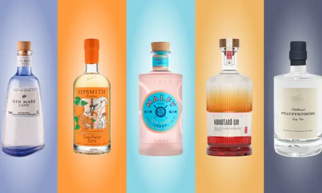 Fünf Flaschen Gin: Gin Mare, Sipsmith Zesty Orange, Malfy Gin Rosa, Momotaro Gin und Stauffenberg Dry Gin. Perfekt, um Gin mit Wasser zu mischen.