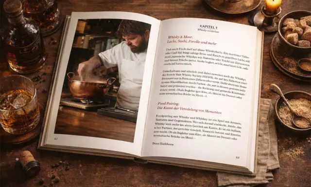 Ein Koch bereitet etwas in einem Kupfertopf zu, während ein Buch über die richtige trinktemperatur whisky daneben liegt.