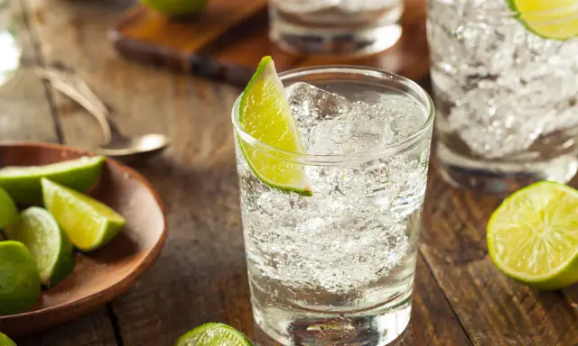 Erfrischender Gin Tonic mit Eis und Limette. Die fruchtige Säure der Limette passt perfekt zum Gin.