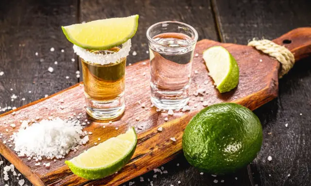Zwei Gläser Tequila, eines mit Salzrand und Limettenspalte, daneben Salz und Limetten. Perfekt zum Tequila trinken.