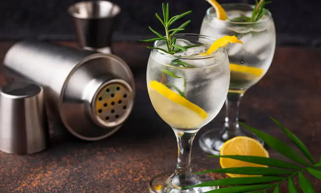 Zwei erfrischende Gin Tonic mit Zitrone und Rosmarin, bereit für den perfekten Genuss. Der passende prozentuale Alkoholgehalt macht sie zum idealen Sommerdrink.